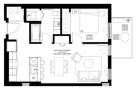 Floor plan for 1 bed, 1 bath, 610 sqft